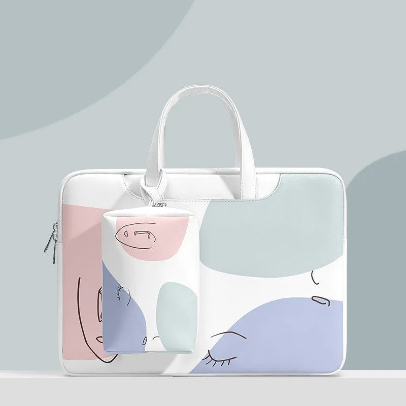 Blue PU leather laptop bag for girls with a soft handle and zipper opening.