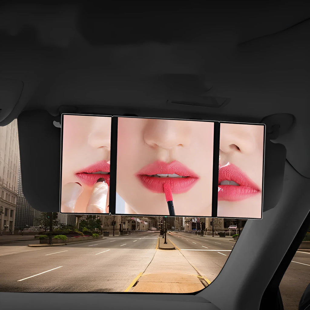 Silver folding car makeup mirror shown closed and opened, highlighting its compact and large glass sizes.