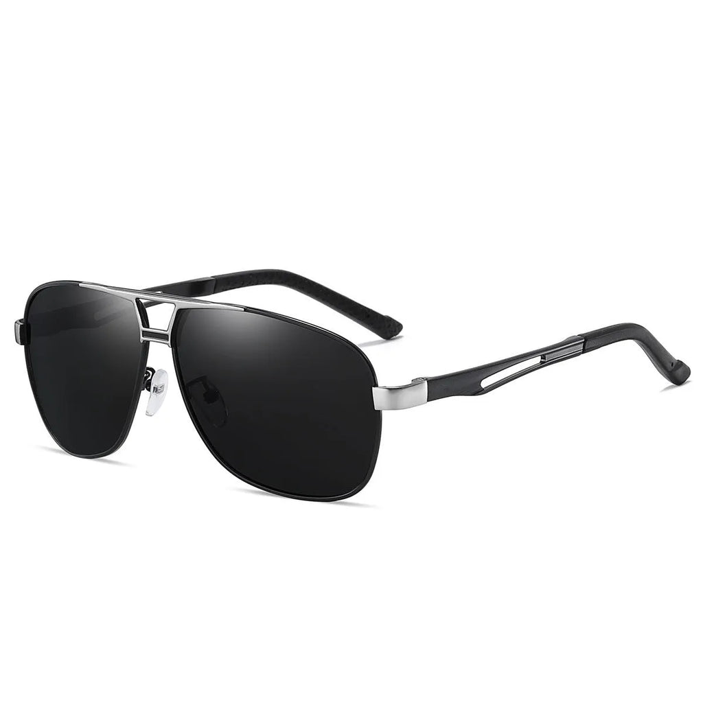 Men's orange red aviator sunglasses with metal frame and polarised lenses on a dark background.