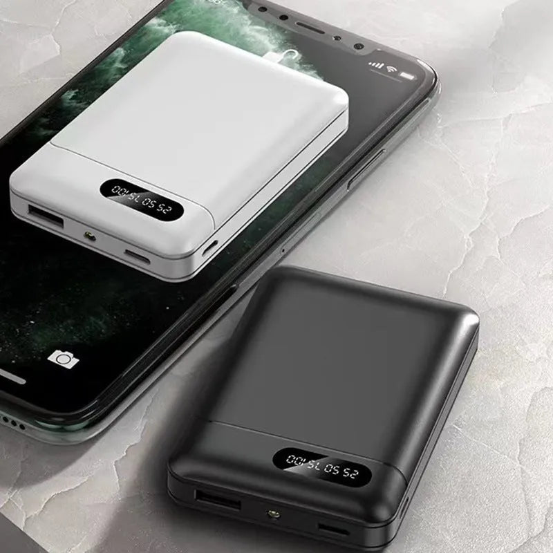 White portable power bank with multiple USB ports showing 10000mAh capacity label
