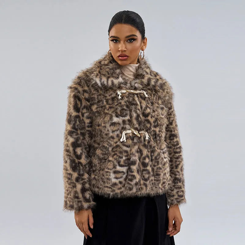 Women's leopard print coat with a buckle lapel detail on the collar