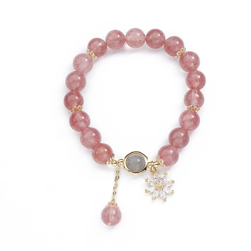 Korean style strawberry quartz crystal bracelet with electroplated floral decorations in Mori aesthetic design