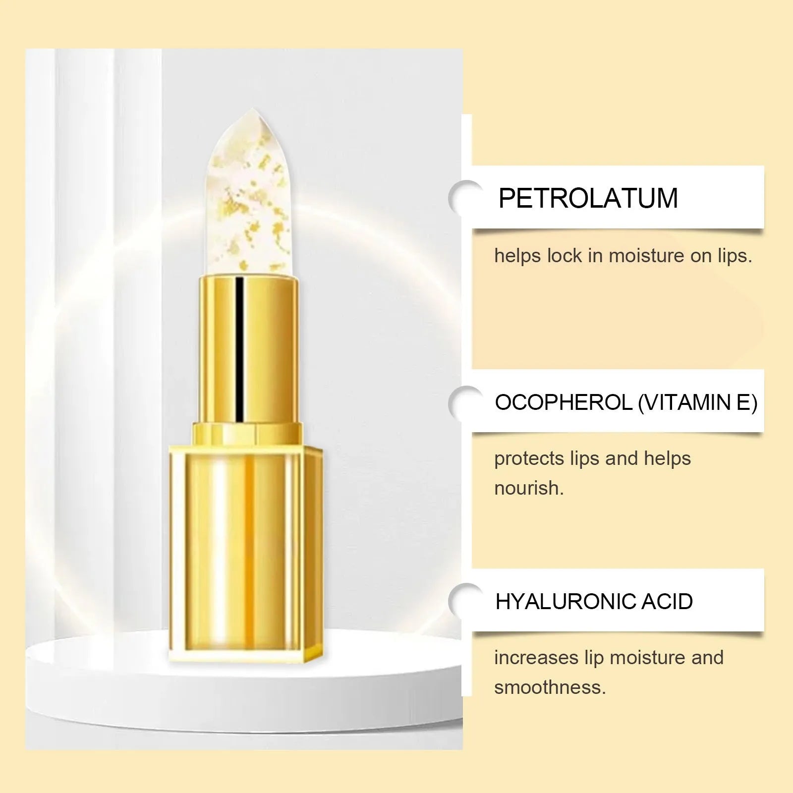 Gold Foil Discoloration Nourishing Lipstick in a 2.6cm square case.