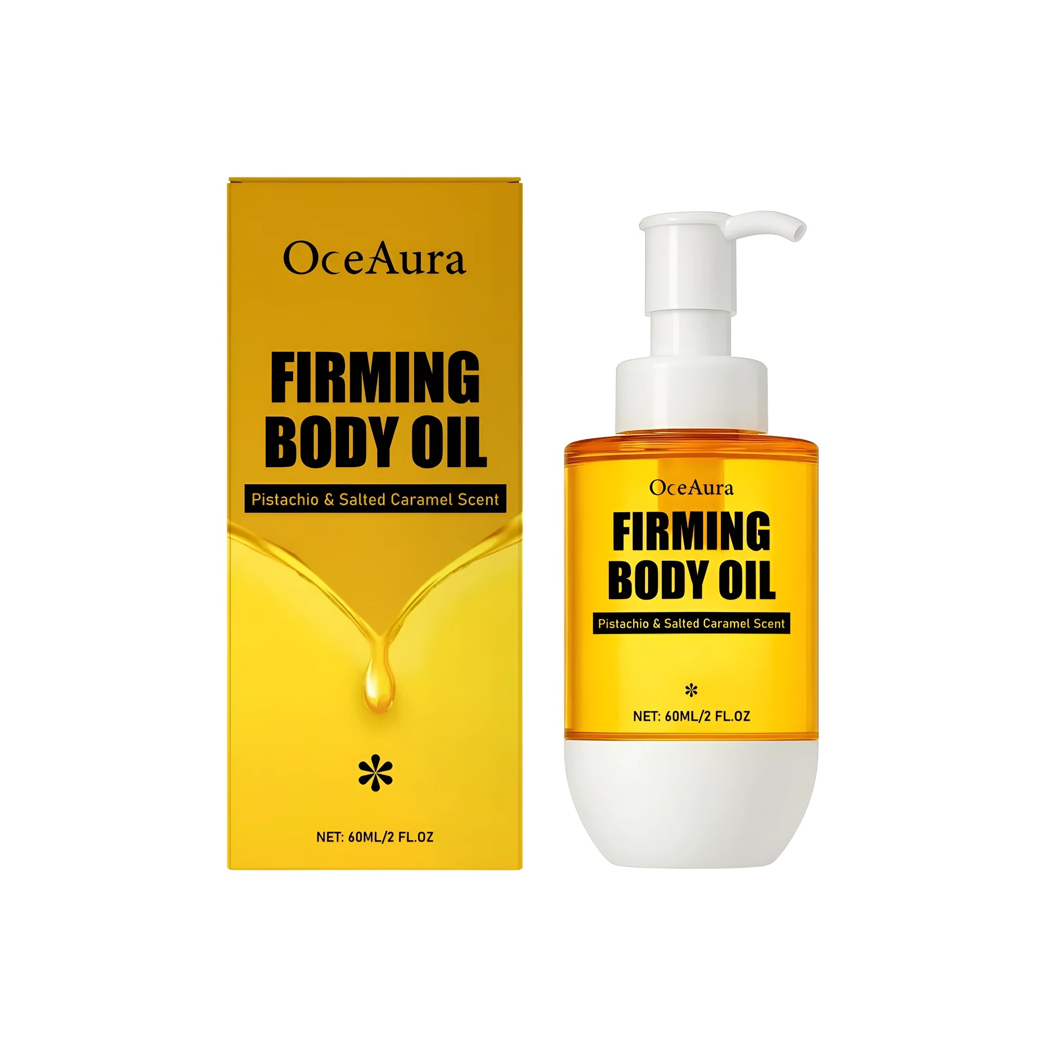 A 60ml bottle of tightening and wrinkle resistant body oil containing glycerin and pistachio seed oil.