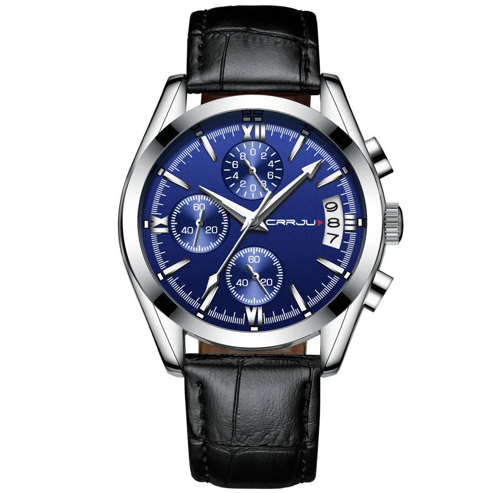 Men's multi-functional quartz watch with black shell and rose gold hands on a brown leather strap
