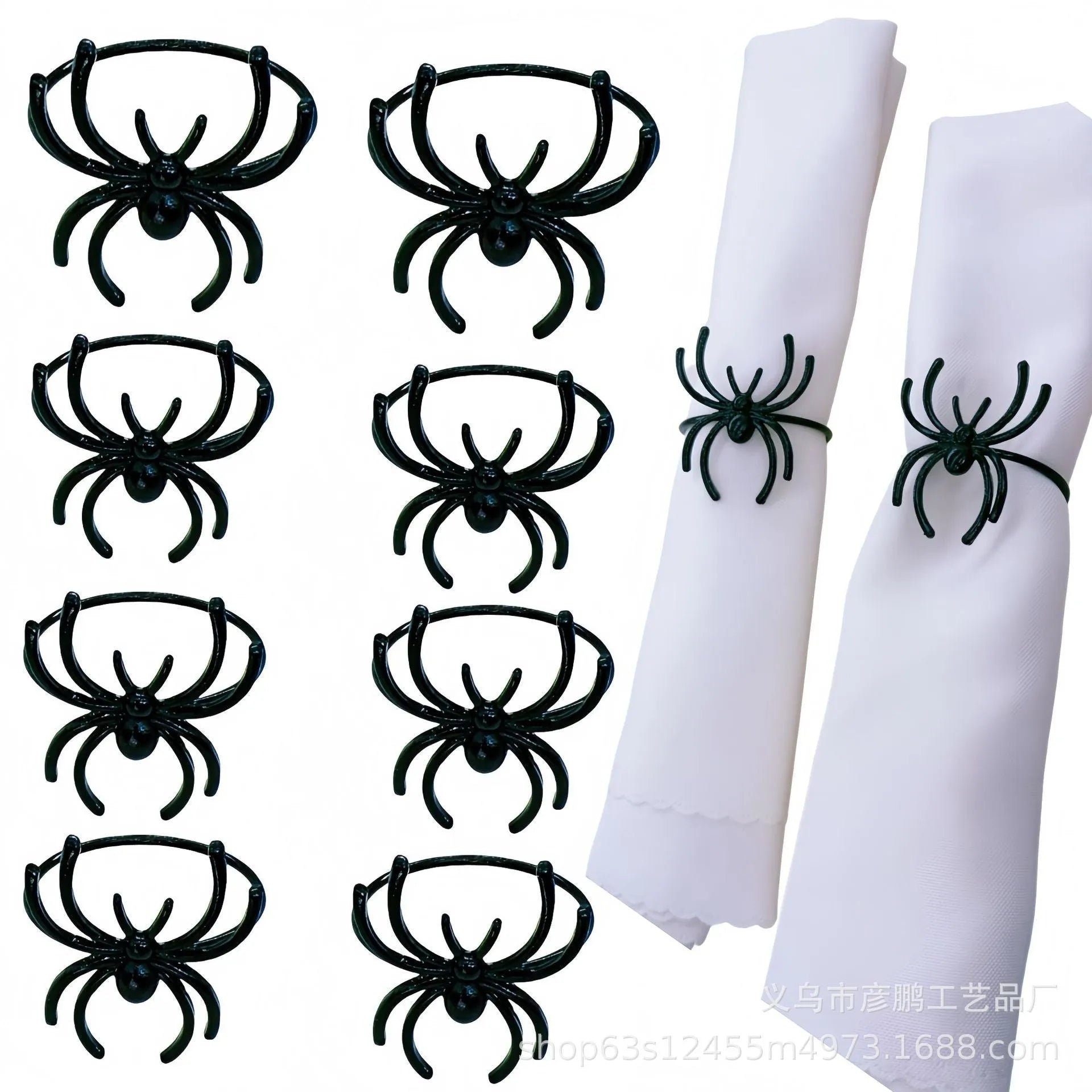 Set of six black alloy napkin rings with detailed spider sculpture for Halloween table decor.