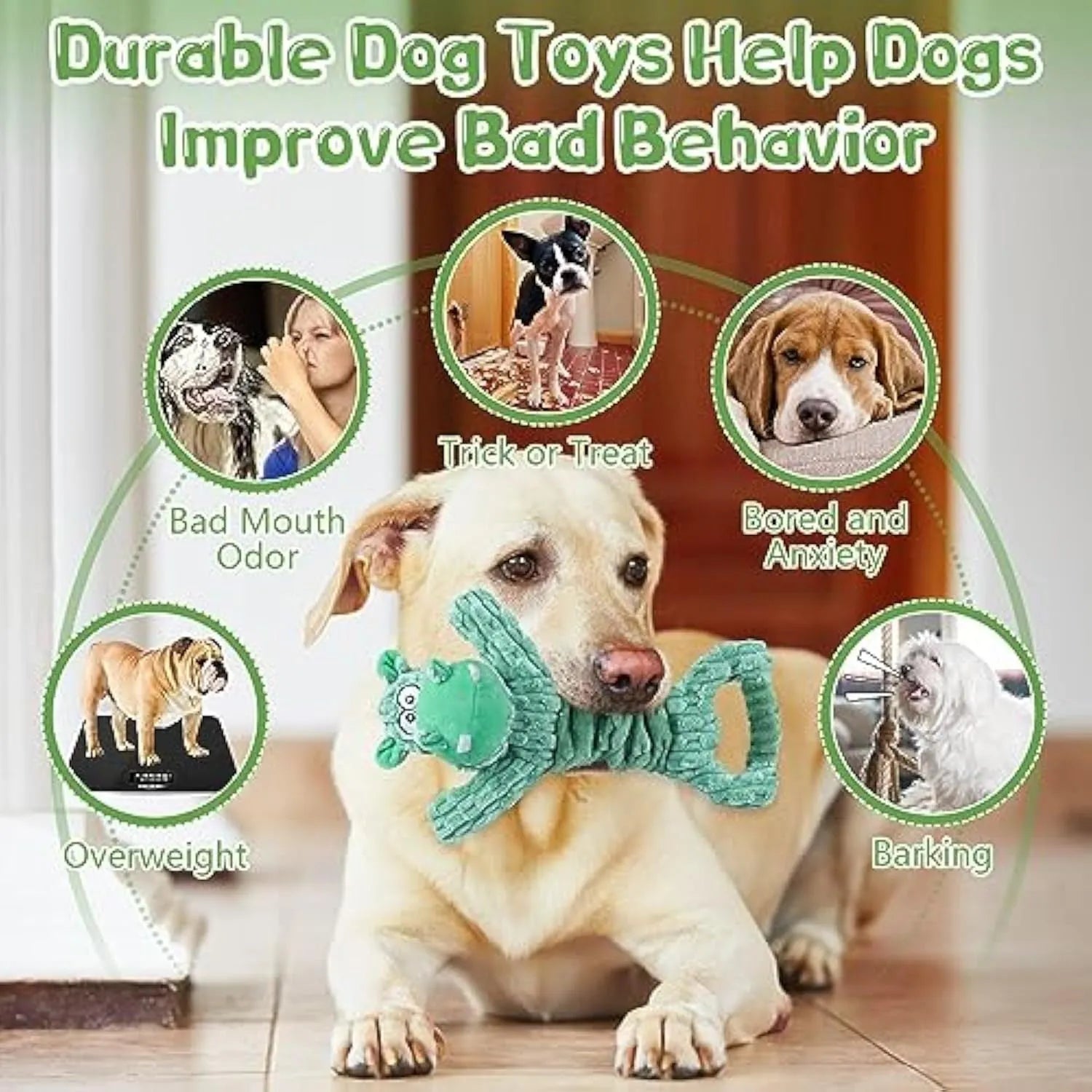 Large plush squeaky dog toy with a handle, shown in Hippo and Monkey designs on a plain background.