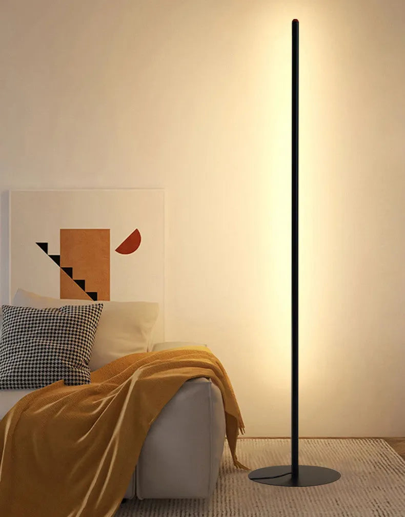 Simple vertical aluminium alloy floor lamp with a USB plug, shown beside a sofa.