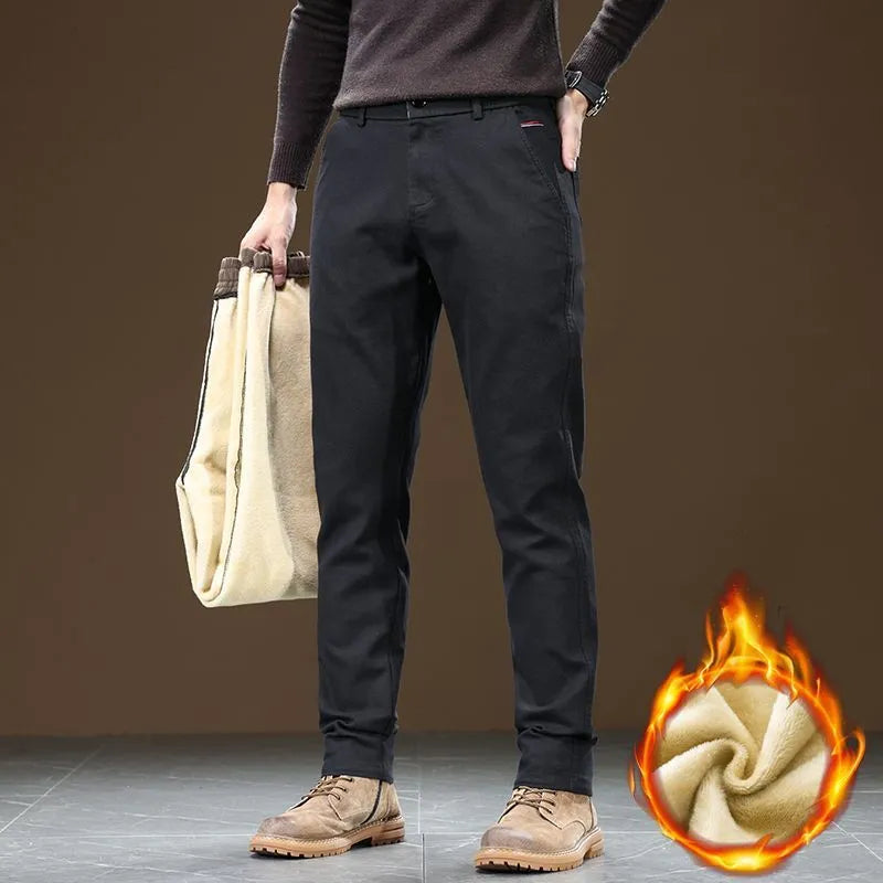 Men's fleece-lined slim fit tapered casual pants in black, cotton fabric, available in sizes 28-40