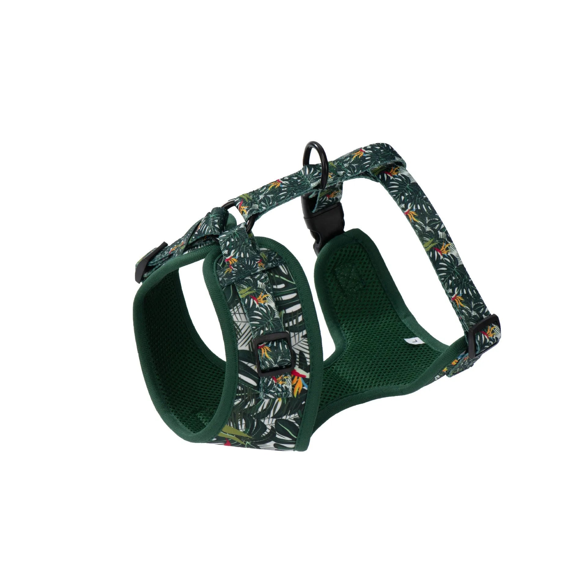 Six-piece adjustable cloth dog harness set with collar, lead, waste bag, bow, and triangular scarf.