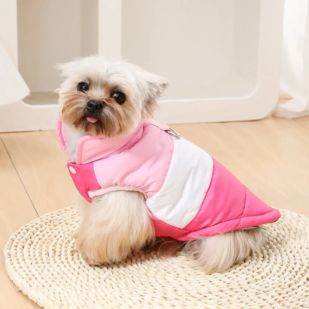 Dog autumn winter coat with leash in white and blue colour, fleece lined polyester pet jacket for small medium large dogs