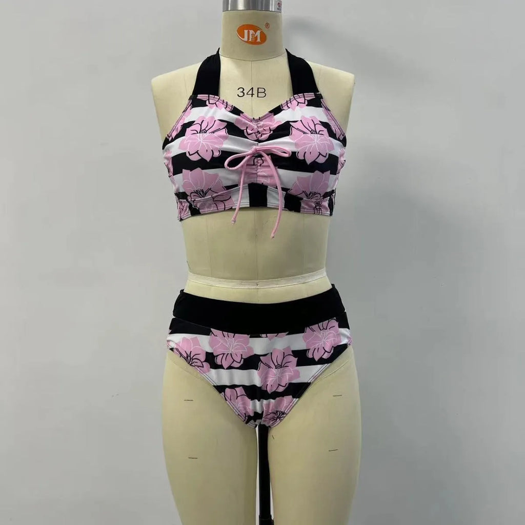 Women's black printed belly-covered slimming split bikini swimsuit for swimming and water sports