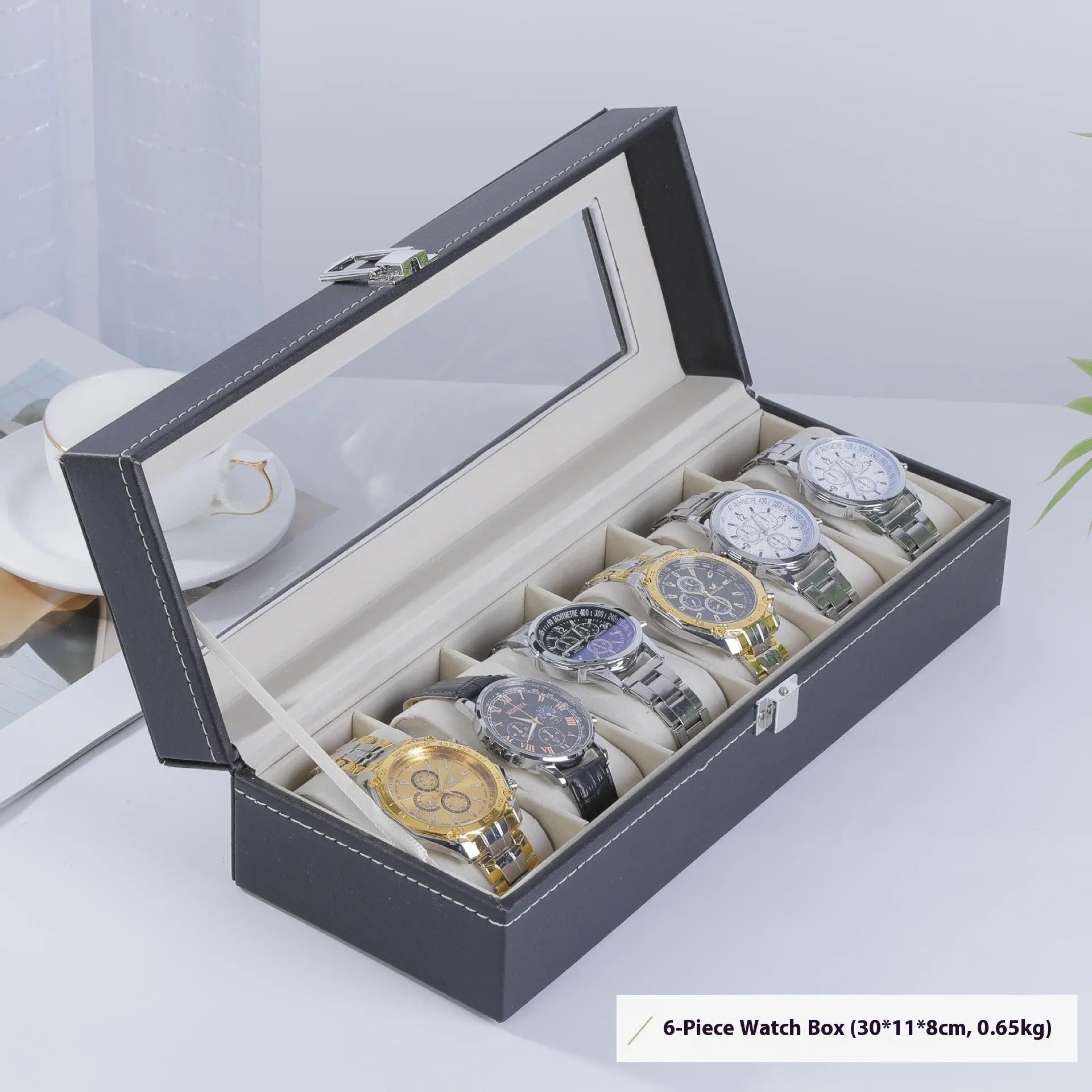 Grey high-grade leather watch storage box with a clear see-through lid, shown holding multiple watches.