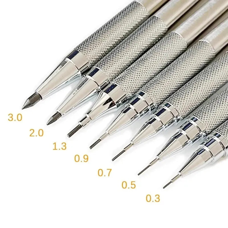 Metal automatic mechanical pencil showing lead size options from 0.3mm to 3.0mm for writing and drafting