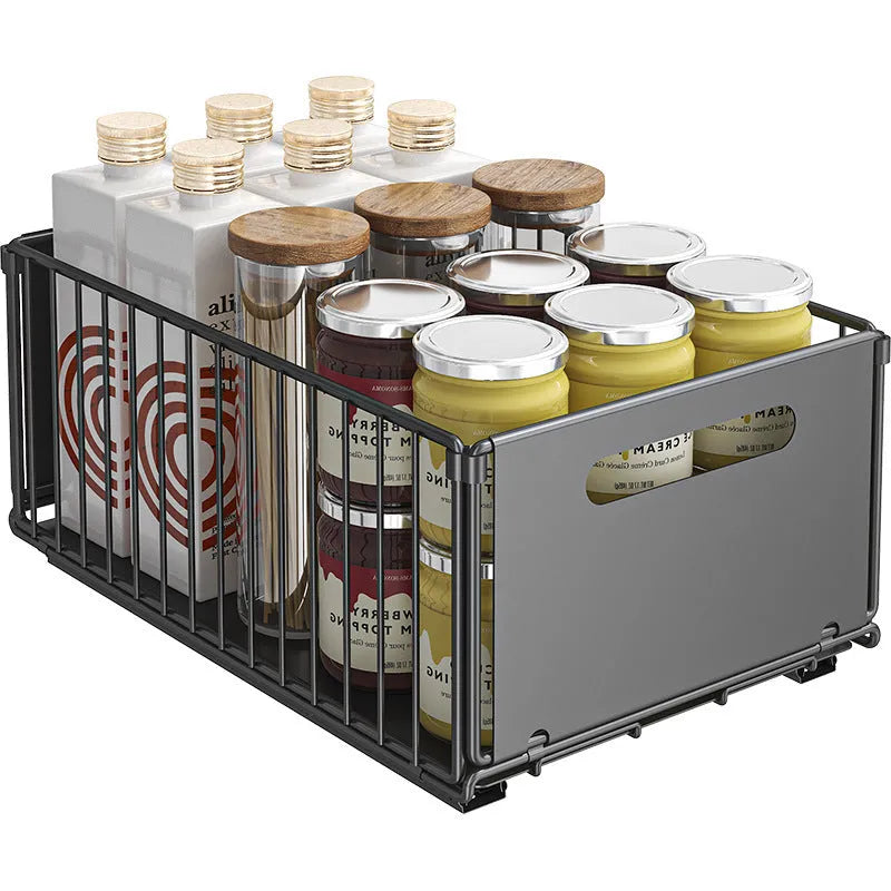 Punch-free folding carbon steel snack storage rack in black on a kitchen countertop