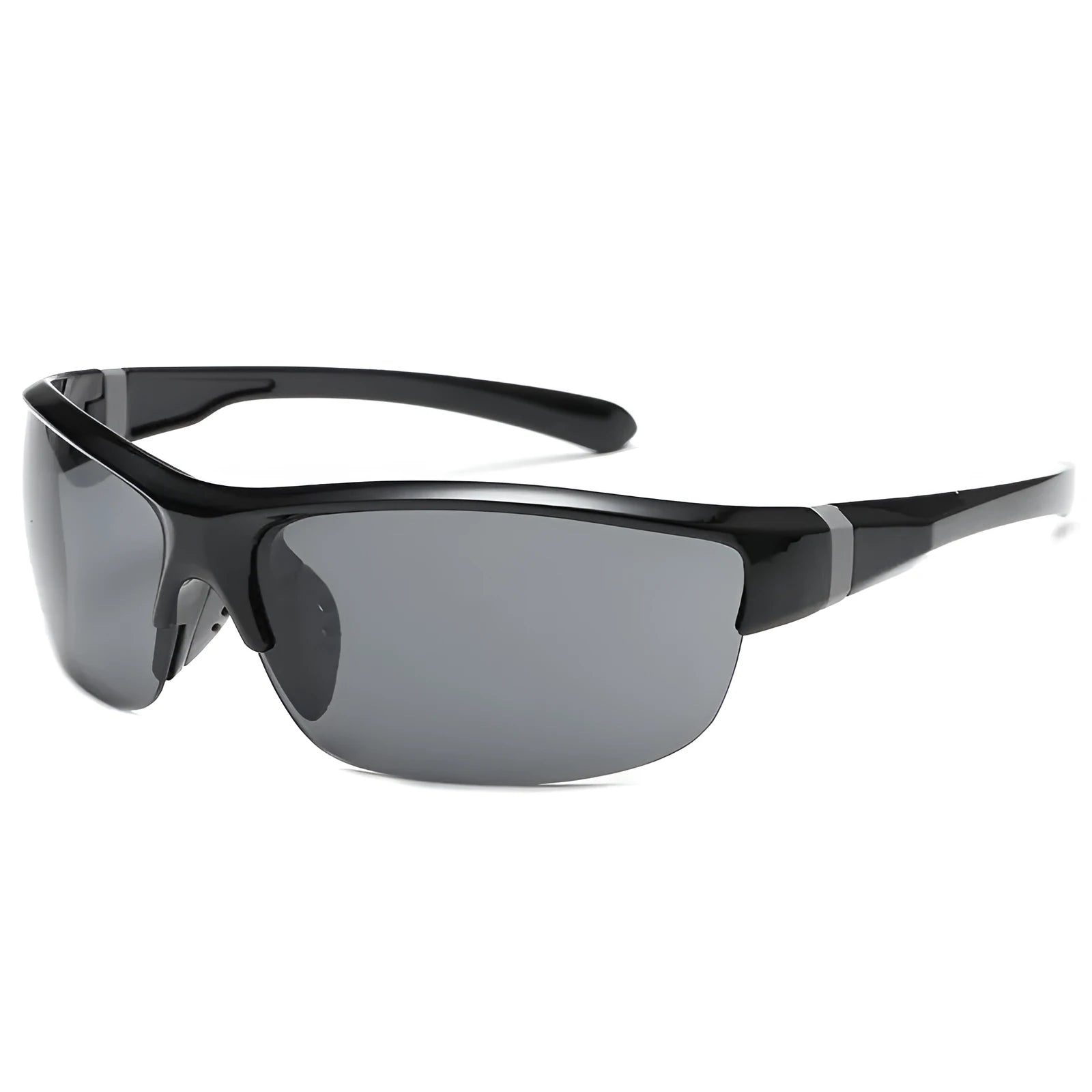 Men's windproof cycling sunglasses with a semi-frameless frame in a Bright Black colour option.