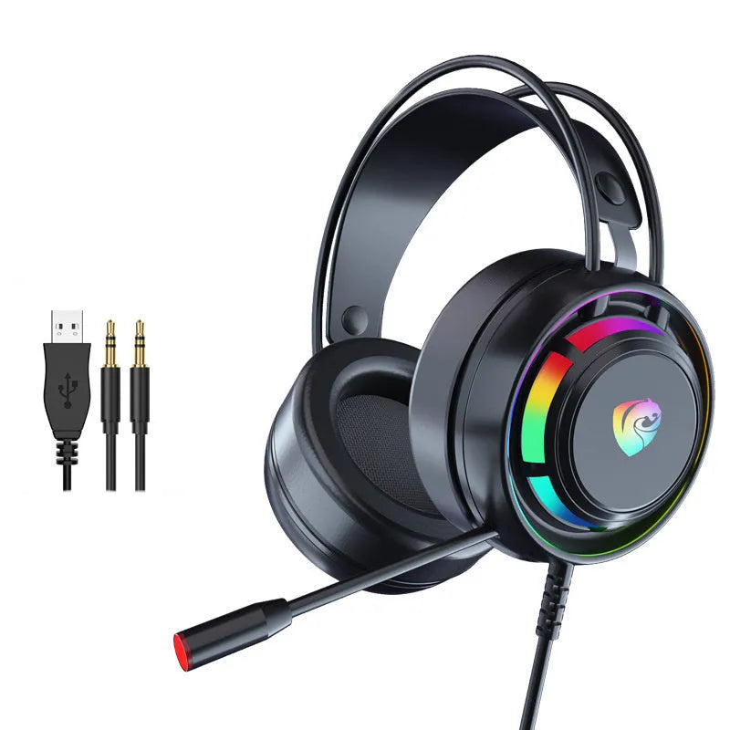 Black wired computer headphones with microphone, showing over-ear design with sponge cushions and a long cable.