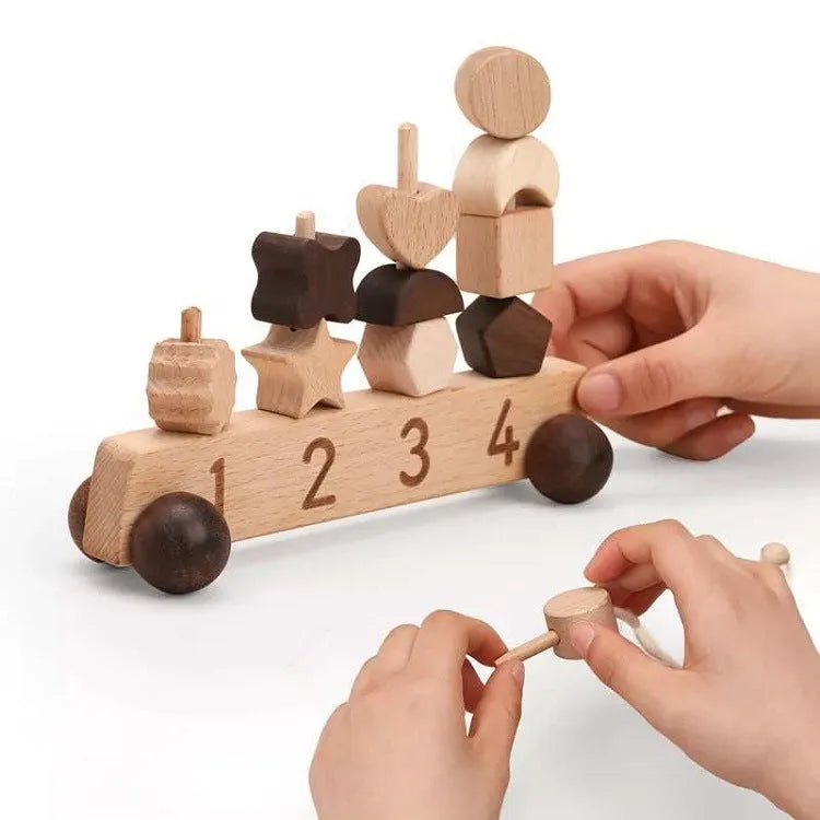 Wooden early learning toy set for children ages 4-6 with car cognitive toys and star moon threading toy on light background