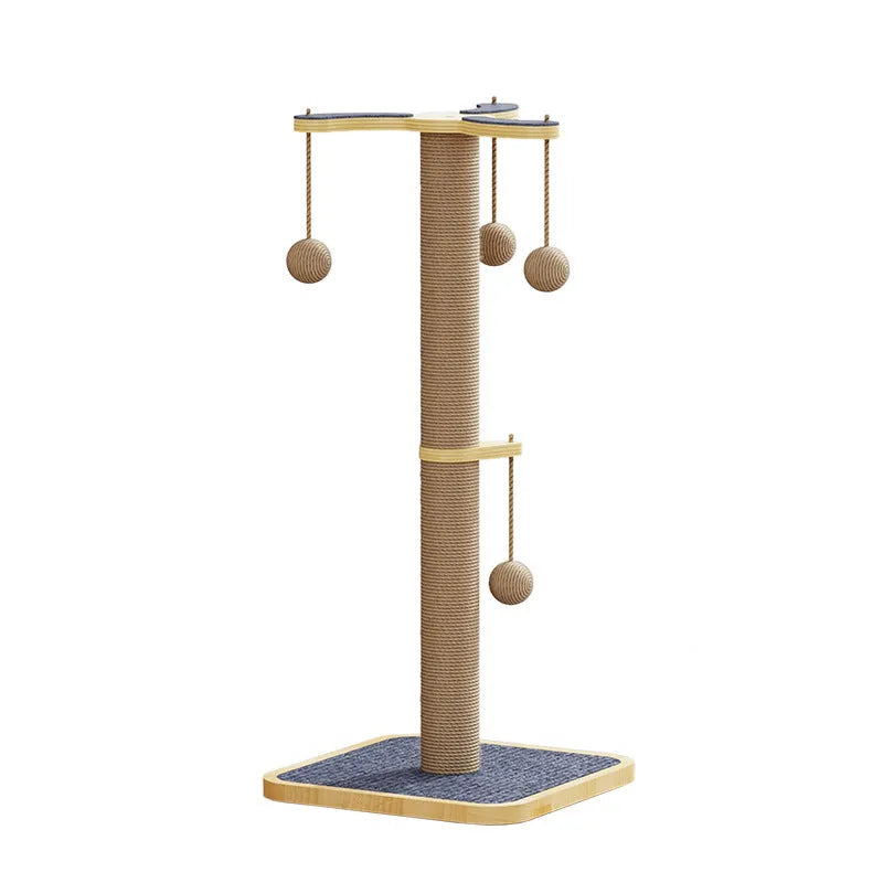 Windmill-style cat climbing frame with carpet leather covering and a white plastic ball hanging on a 40cm cord.