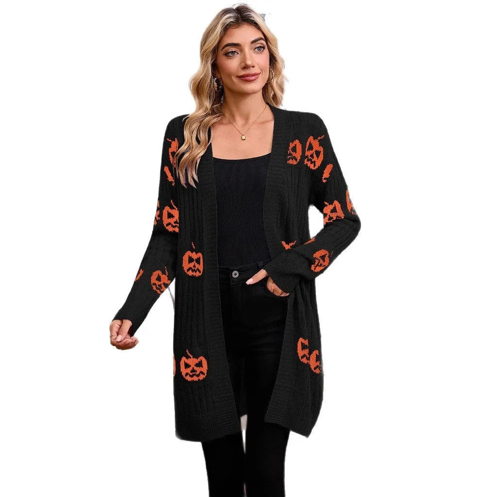 Women's black Halloween cardigan with orange Jacquard-knitted pumpkin head pattern.