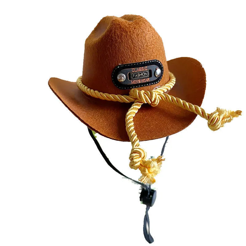 British-style brown cowboy hat for a cat with a black ribbon trim.