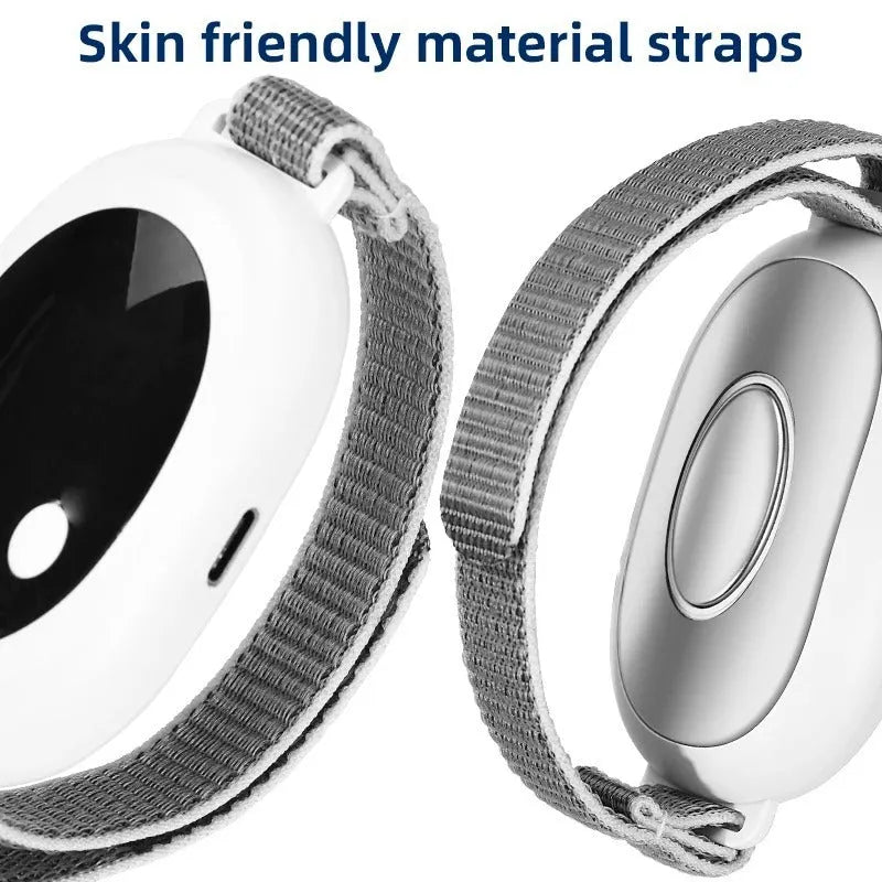 White handheld sleep aid instrument with remote control and adjustable intensity settings