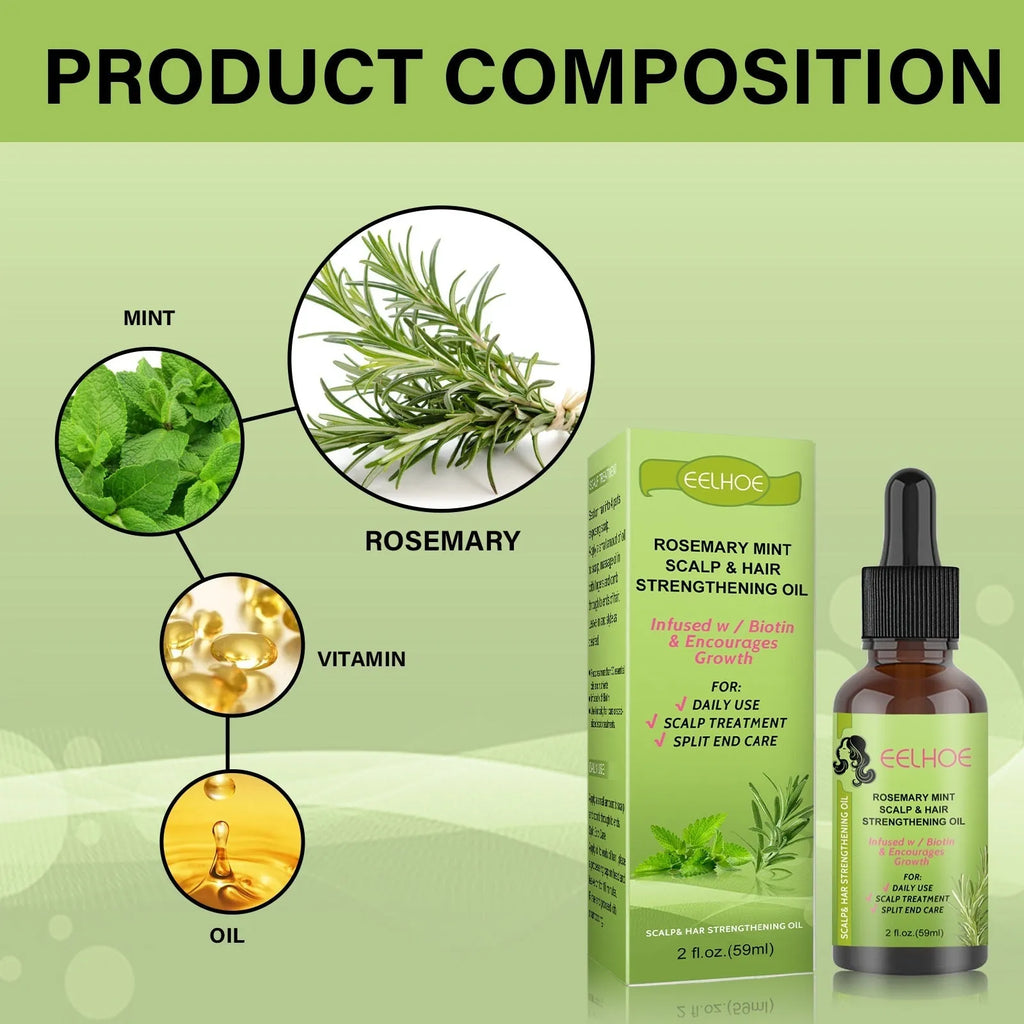 Rosemary mint hair growth fluid 59ml set in a clear bottle with a black cap, shown alongside a pipette
