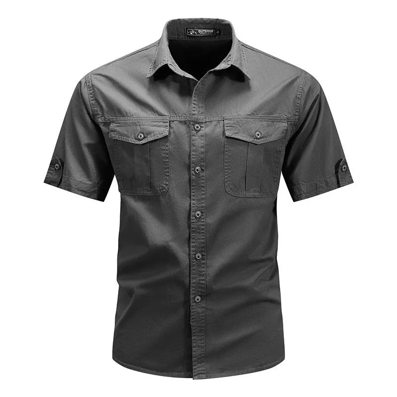 Men's short sleeve cotton shirt in khaki, regular fit cardigan style for summer casual wear