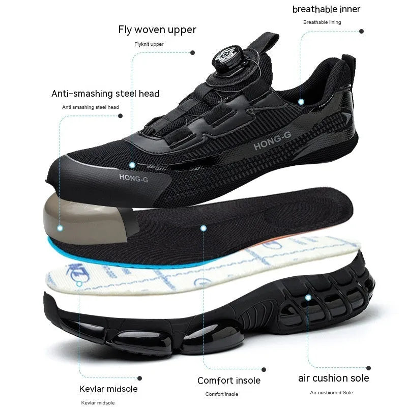 Lightweight black safety work shoes with steel toe cap and lace-up front on industrial background.