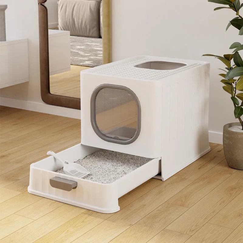 Fully enclosed plastic folding cat litter box in avian green, 51x38x39cm, with top closure