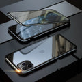 Glass anti-spy clamshell phone case in multiple colours for iPhone models on a table.
