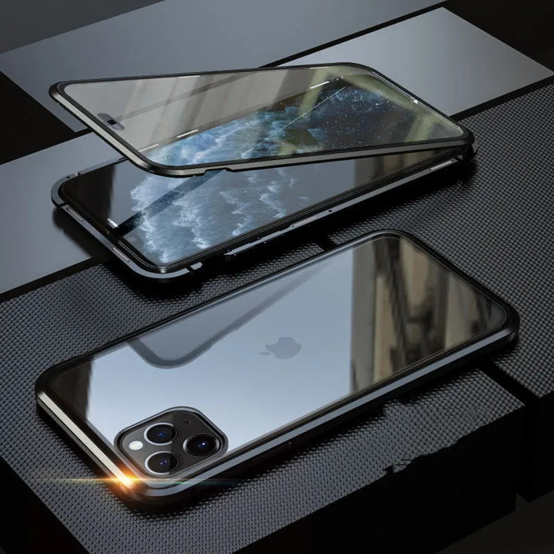 Glass anti-spy clamshell phone case in multiple colours for iPhone models on a table.