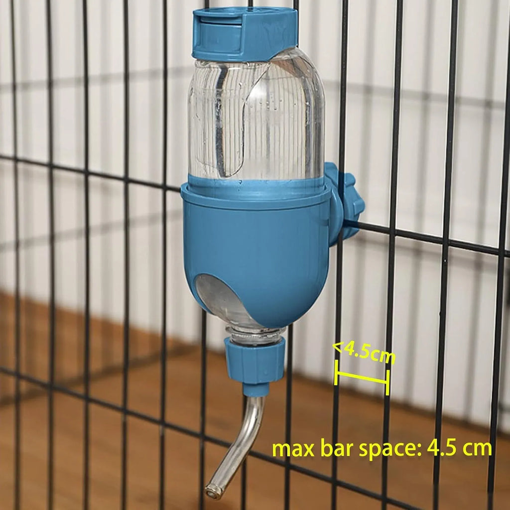 Blue small animal water bottle with rotatable nozzle shown mounted on a cage bar