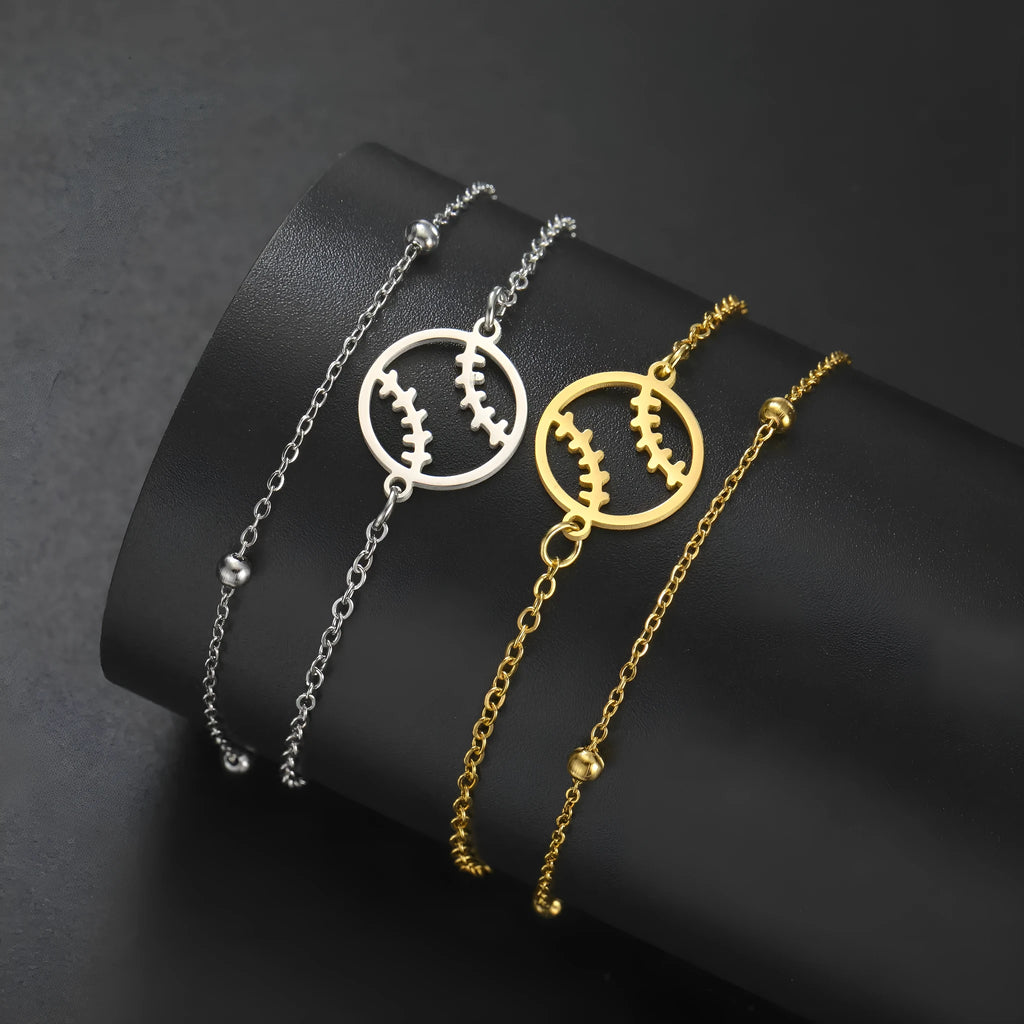 Unisex stainless steel bracelet with hollow baseball design and double-layer chain in gold or steel colour