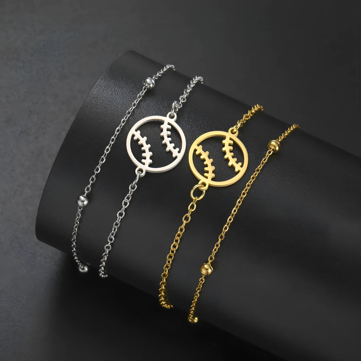 Unisex stainless steel bracelet with hollow baseball design and double-layer chain in gold or steel colour