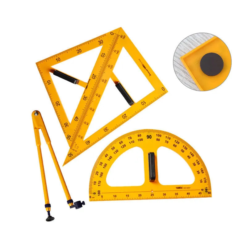 Orange and black mathematics teaching set with triangle rulers, protractor and chalk compass