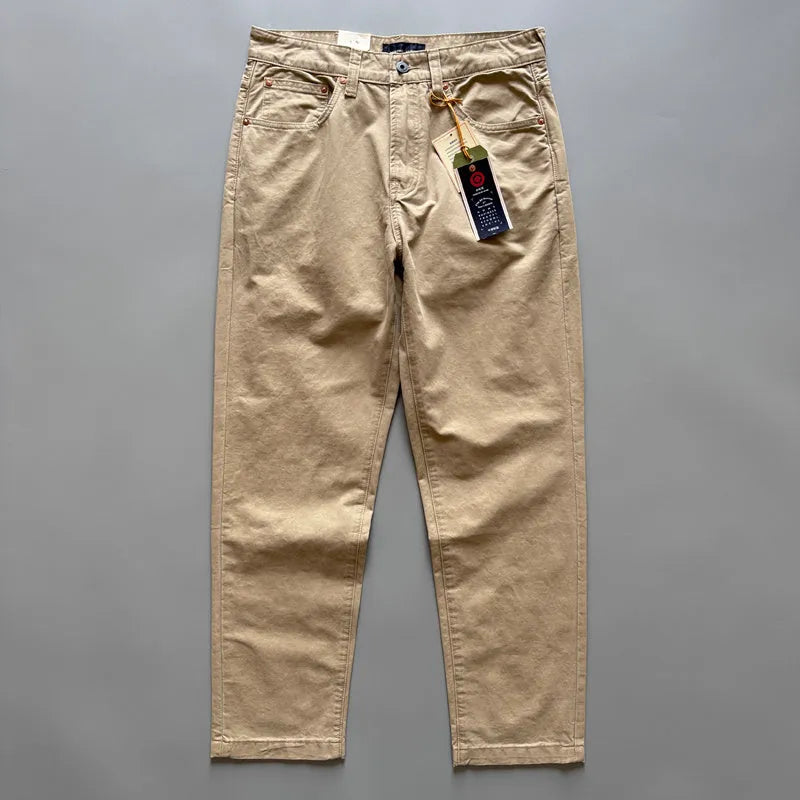 Men's straight-leg cotton casual trousers in grey, army green, and khaki colours on a mid waist fit model
