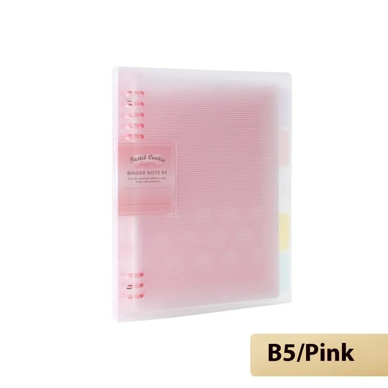 Refillable loose-leaf spiral notebook in B5 size with a pastel blue PP cover and lined pages.