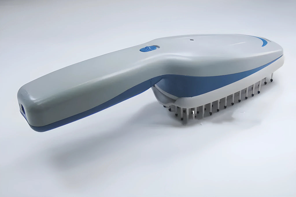White pet ion comb with removable brush head and 78 comb teeth on a blue background.