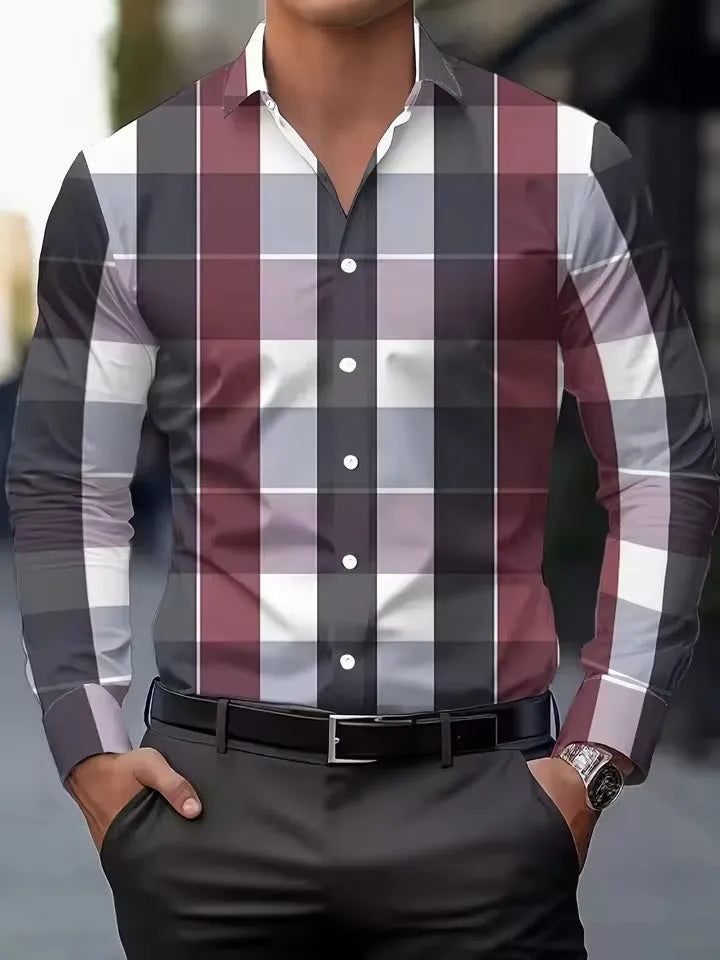 Men's striped long sleeve button down shirt with lapel collar in polyester fabric