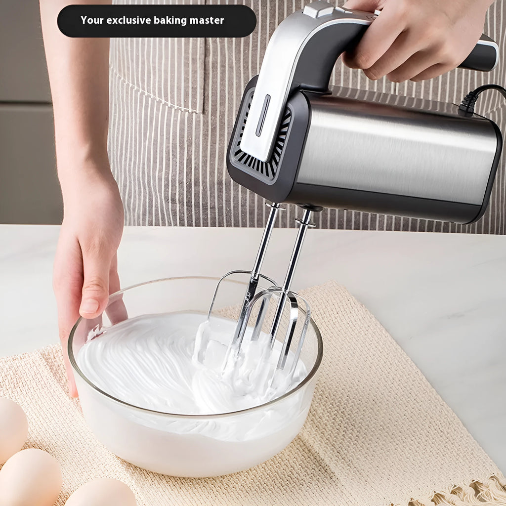 Silver handheld electric food whisk with stainless steel beaters and 5-speed control dial.