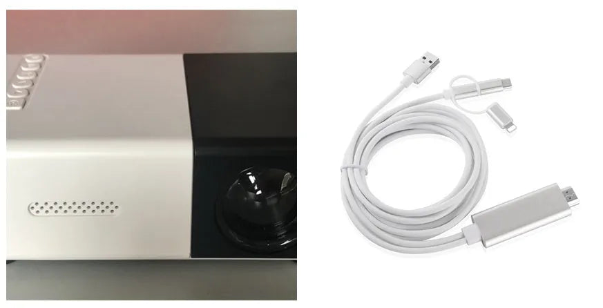 Compact black HD 1080P mini digital projector with UK power plug on white background