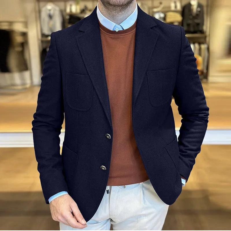 Men's loose fit cotton suit jacket in army green, shown on a hanger.