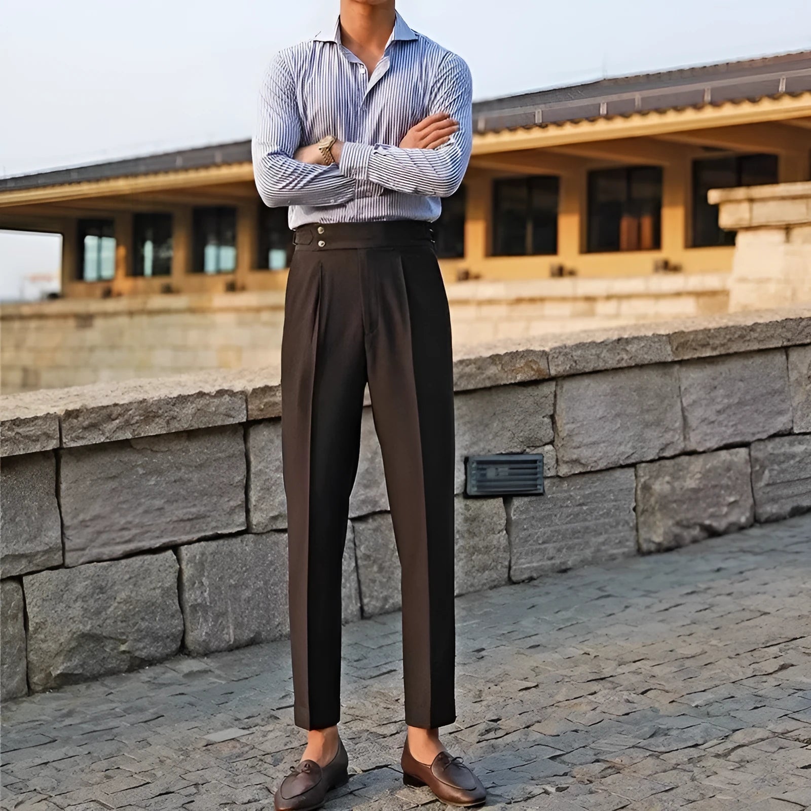 Men's slim fit straight leg suit trousers in black, white, or apricot colour on a hanger.