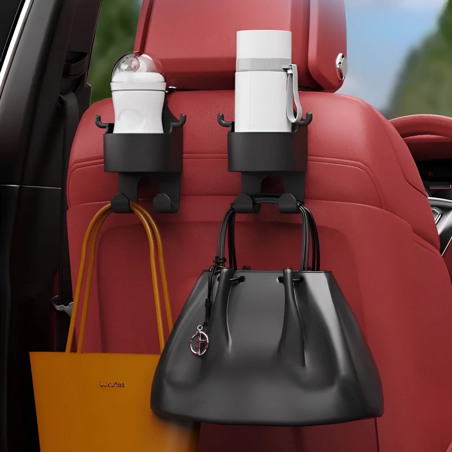 Black plastic car seat back organiser with a cup holder and a storage hook.