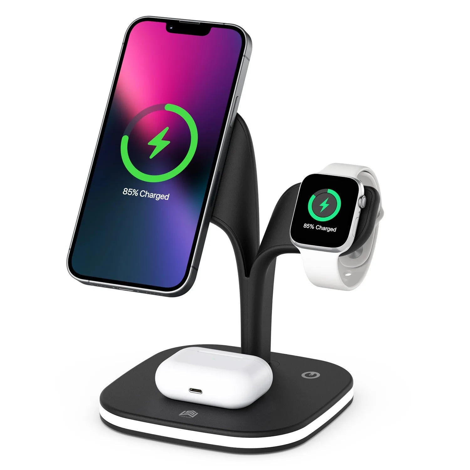 Black or white desktop wireless charging stand for phone, headphones, and smartwatch with 15W max output