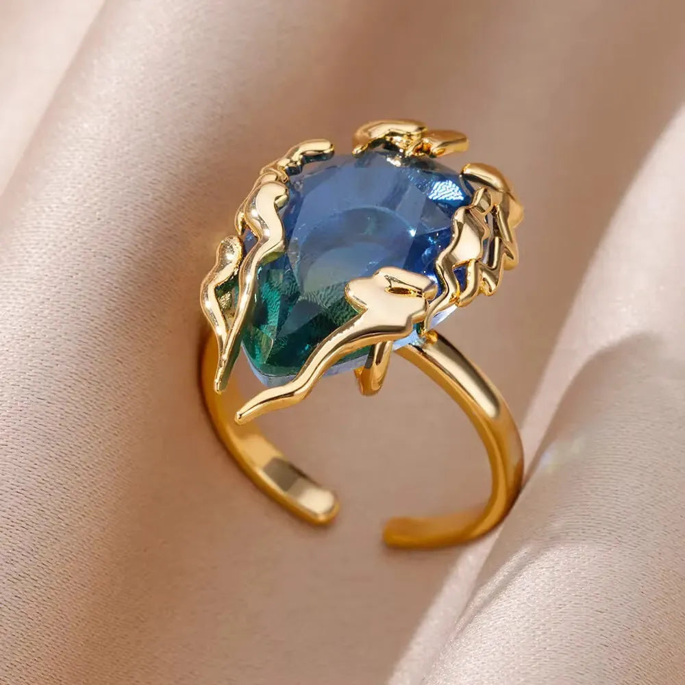 Adjustable 18K gold plated love emerald ring with synthetic zircon for women, open mouth copper design