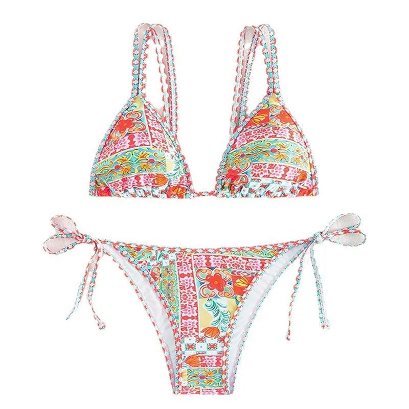Women's backless lace-up split swimsuit bikini set in polyester spandex for swimming sports