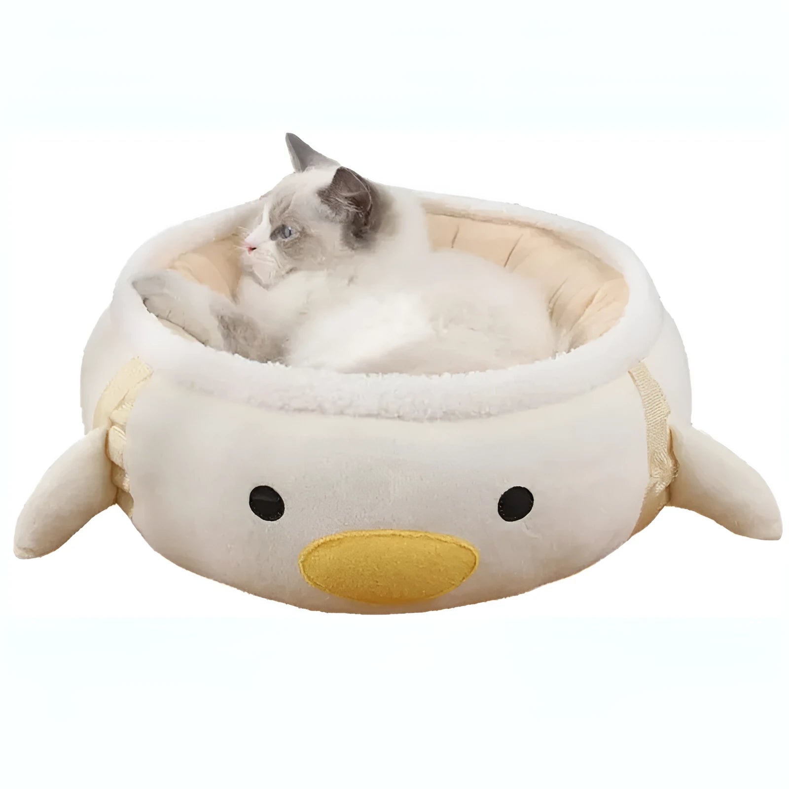 Green or yellow chick or dinosaur shaped cat bed that can be a flat sofa or a hanging hammock for small pets.
