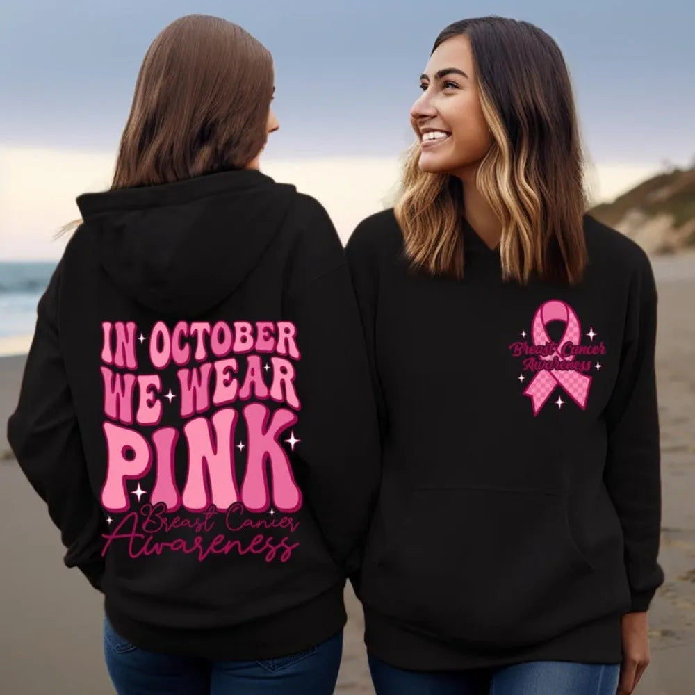 Pink Breast Cancer Awareness hoodie with retro design and side pocket
